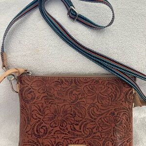 Consuela Brown Floral Crossbody Bag with Multicolor Strap